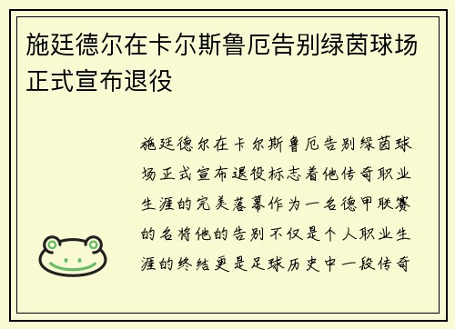 施廷德尔在卡尔斯鲁厄告别绿茵球场正式宣布退役 施廷德尔在卡尔斯鲁厄告别绿茵球场正式宣布退役
