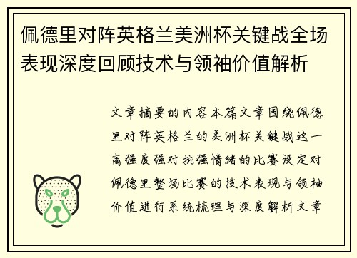 佩德里对阵英格兰美洲杯关键战全场表现深度回顾技术与领袖价值解析