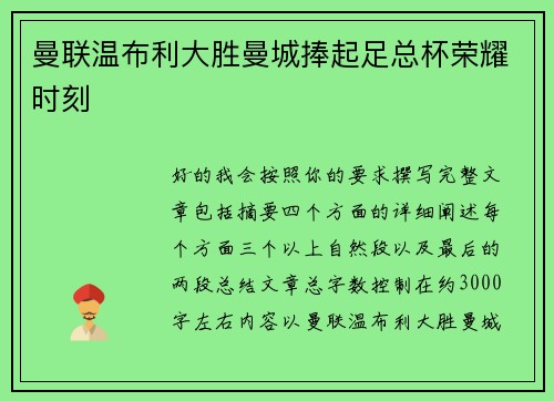 曼联温布利大胜曼城捧起足总杯荣耀时刻 曼联温布利大胜曼城捧起足总杯荣耀时刻